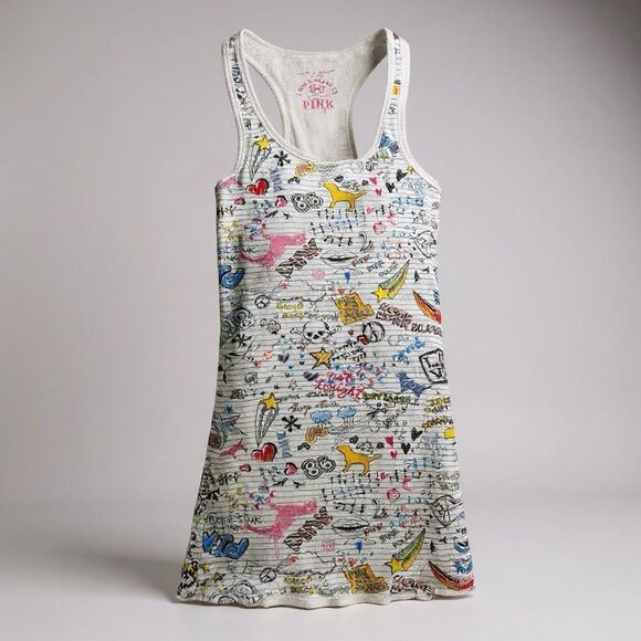 Y2K (2007) VS PINK Grafitti Print Tank Top Size Small EUC Long Length Racer Back - Picture 1 of 12